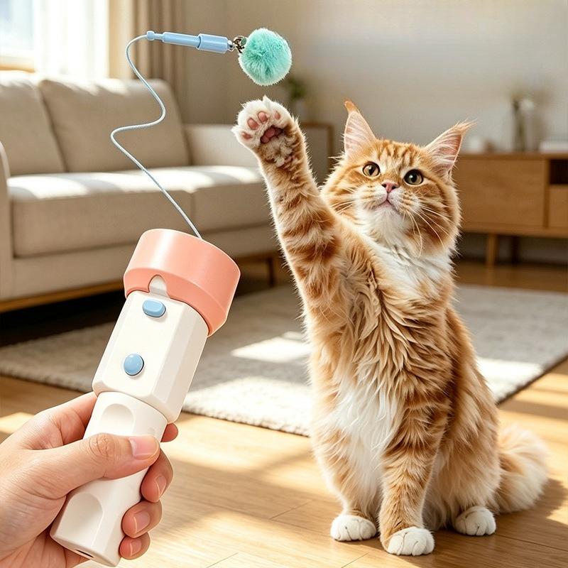 Electric Retractable Cat Teaser Wand Auto Launch Recycle Fluffy Pom‑pom Interactive Toy for Indoor Cats