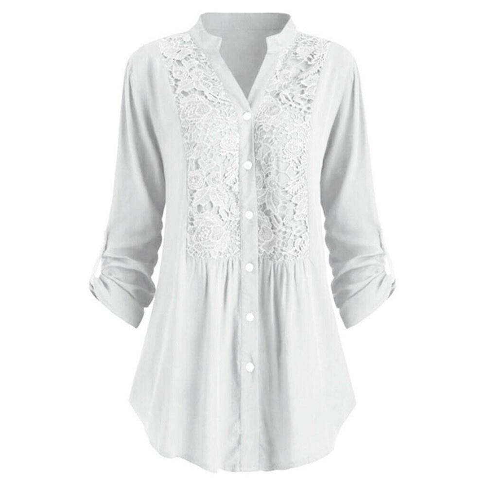 Women Solid Color Lace Splicing Single Breasted Shirt Casual Stand Collar Long Sleeves Plus Size T-Shirt Loose Cotton Blouse