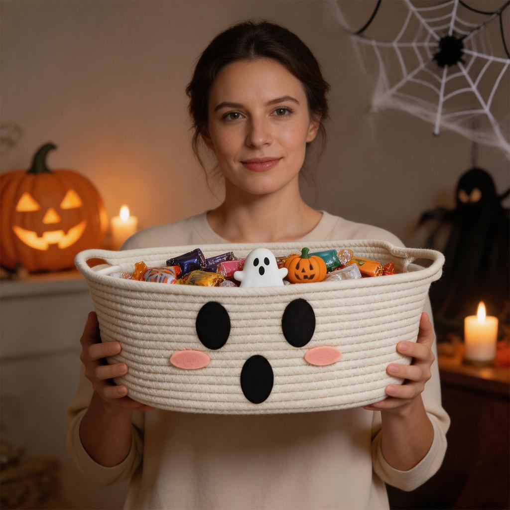 Halloween Cotton Rope Storage Basket with Handles for Candy and Snacks