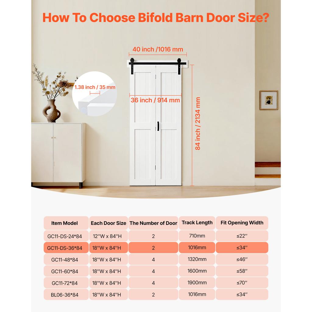 SucceBuy Bifold Barn Door 24/36/46/60/72 in x 84 in Sliding Closet Doors Header Board and Hardware Kit Included Panel Waterproof
