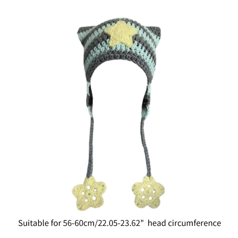 Girl Cartoon Kitten Ear Striped Knit Beanie Hat Y2K Star Party Hat Photo Props Hot Girl Cute Slouchy Knitting Hat