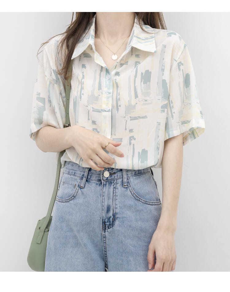 Hong Kong-Inspired Ink Wash Sun Protection Short Sleeve Shirt for Women