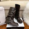 ~ Trendy Belt Buckle Stack Boots Round Head Pleated Medium Tube Knight Boots Women's Autumn Knight Boots