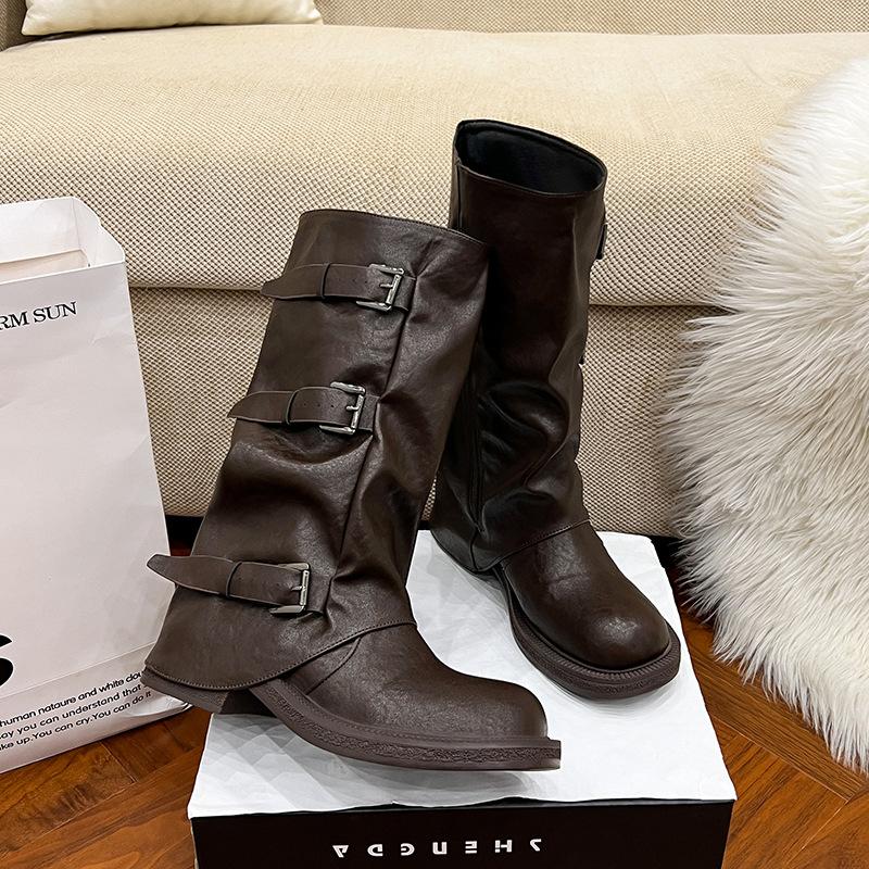 ~ Trendy Belt Buckle Stack Boots Round Head Pleated Medium Tube Knight Boots Women's Autumn Knight Boots