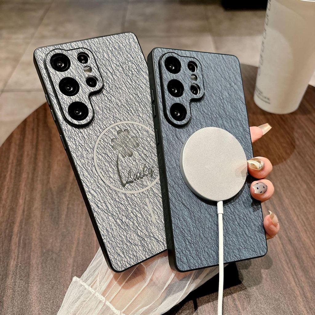 Samsung S25 Ultra/S24 FE Leather Texture Magnetic Ring Phone Case - Four-Leaf Clover Design, Full Coverage, Simple & Slim.