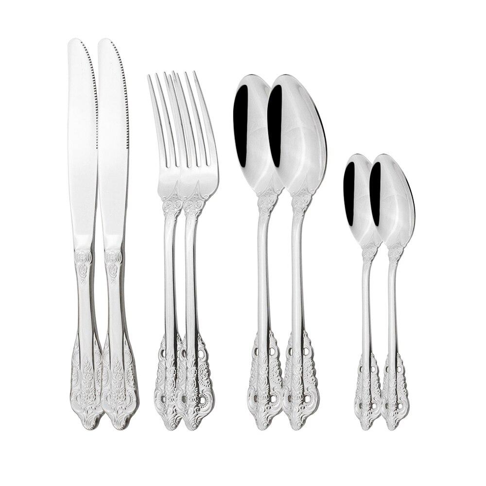 

8 шт. розовое золото 18/10, винтажные столовые приборы в стиле вестерн, обеденный нож, вилка, ложки, набор посуды, кухонные столовые приборы, набор столового серебра серебряный