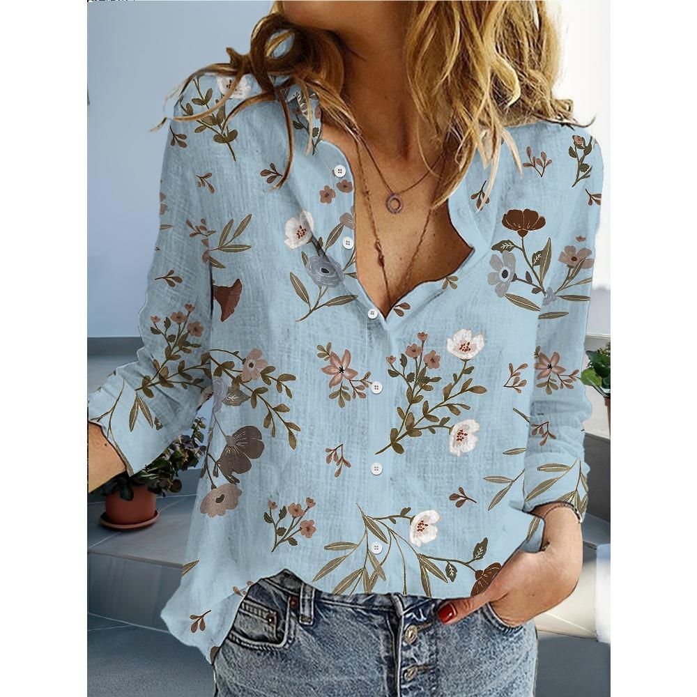 

Women s regular button-down shirt with a tea brown botanical pattern print S