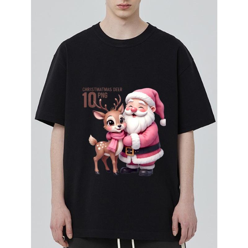 

Christmas T Shirt Black Santa Claus and Deer Cartoon Print for Holiday Season XXXXL