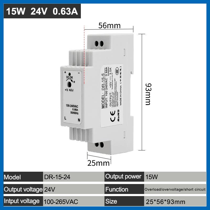 DC 12V 24V Switching Power Supply Rail Type Small Volume DR-15-0.63A 1.25A 5V 15V Transformer 15w