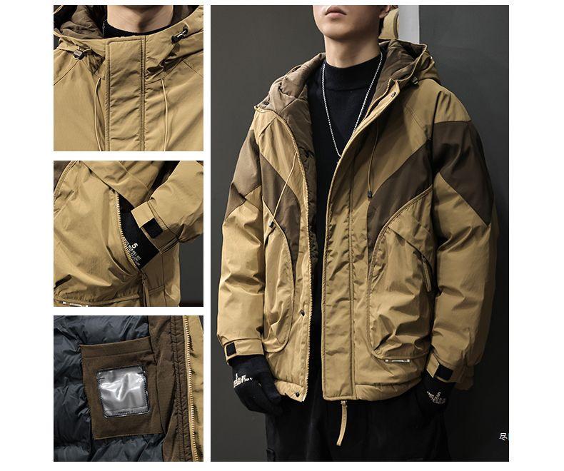 2025 Winter Men's Trendy Color Block Hooded Cotton Jacket: Loose Fit Casual Workwear Outerwear