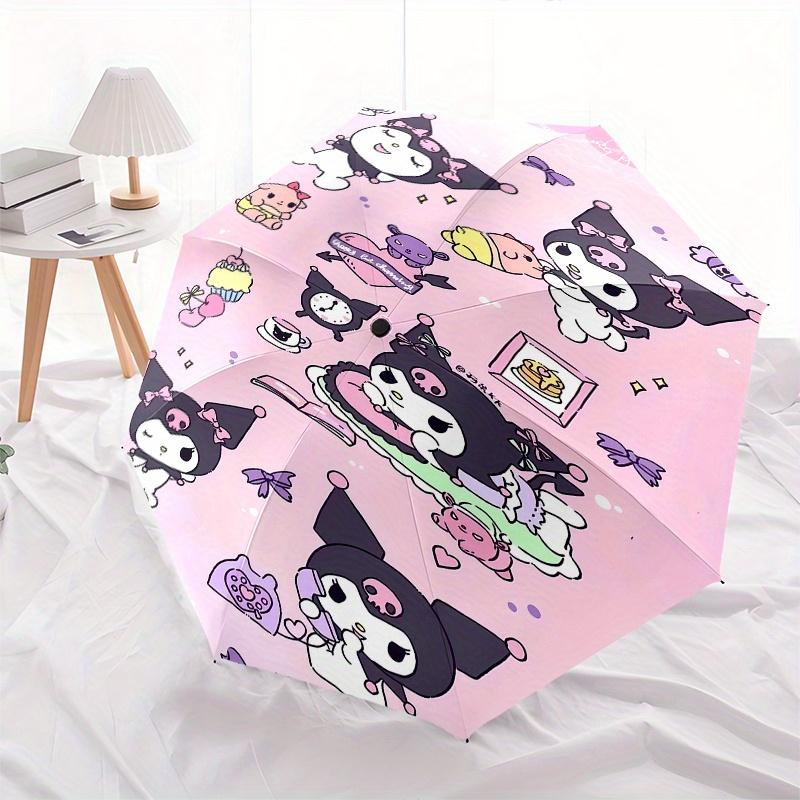 Kuromi Automatic Folding Umbrella-Simple 8-Rib Design, Bright Cartoon Pattern, Durable Iron Frame, Suitable For Travel, Outdoor, Beach-Cute