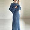 Elegant European & American Women's Round Neck Flared Sleeve Pleated Long Dress
