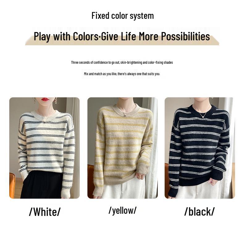 Women's Striped Pure Wool Round Neck Sweater, Autumn/Winter Collection, Seven-Gauge, Loose Fit, Thick Knitted Long Sleeve Pullover.
