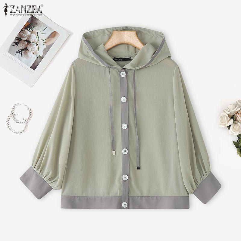 ZANZEA Women Casual See-Through Loose 3/4 Sleeve Hoodies Cover Up Blouse