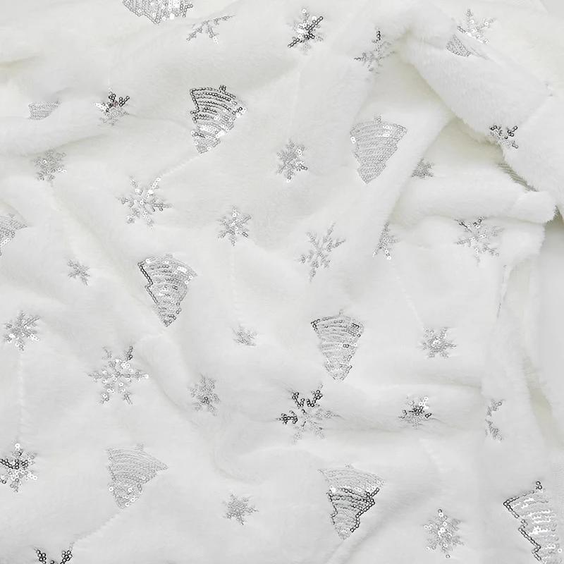 0.5m/1m Sequin Embroidered Snowflake Tree Artificial Rabbit Fur Fabric for Sewing Cushions Christmas Products Plush Craft Fabric