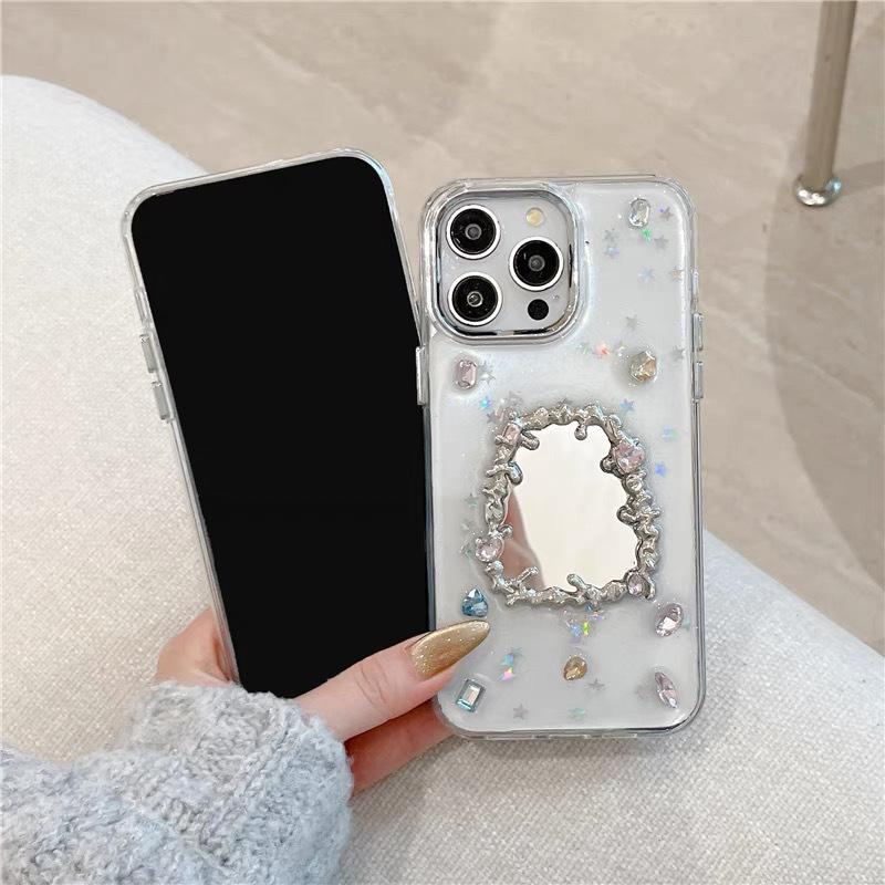 Applicable To Iphone16Promax Mobile Phone Case Apple 17 Female Epoxy Rhinestone Love Mirror 14 Sequins
