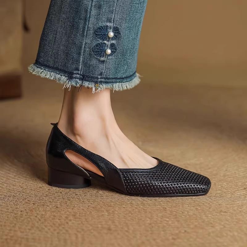 

Super soft lambskin square head hollow hole single shoes women s spring and autumn soft sole thick heel bag head sandals 40 чёрный