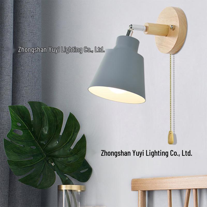 Modern Minimalist Nordic Macaron Bedside Wall Lamp with Wooden Pull Switch for Living Room or Restaurant Decor