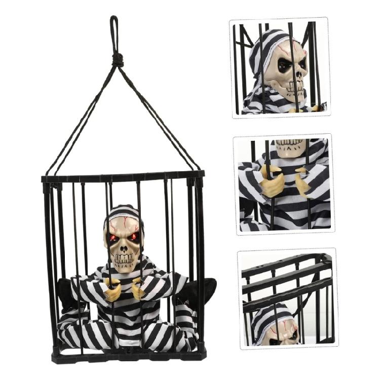 Jump Scare Gefangener Totenkopf Käfig Hängende Dekoration Mit Sensortechnik Blinkendes Auge und Geräusch Für Feiertags-Setups
