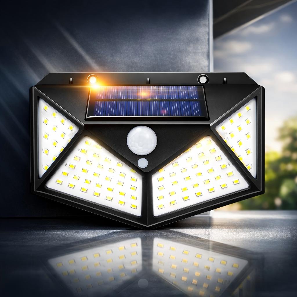 Solar Powered 100 LED Motion Sensor Wall Light, Waterproof Outdoor Security Lamp for Garden, Fence, Yard, Pathway Decoration