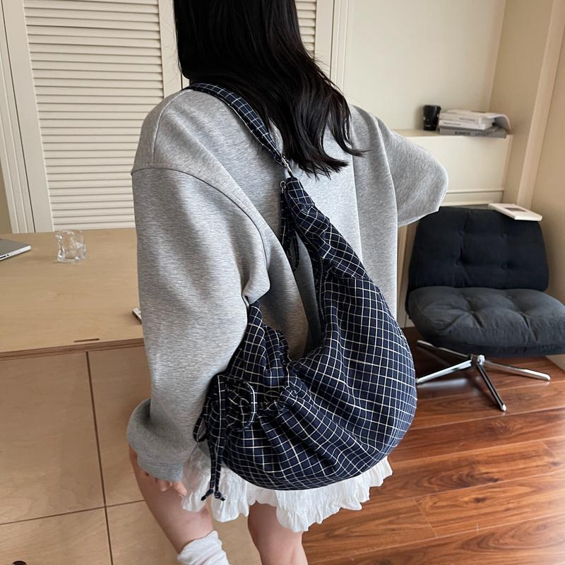 Women's Large Capacity Crossbody Bag Canvas Pleated Plaid Nylon Bag Commuter Shoulder Bag