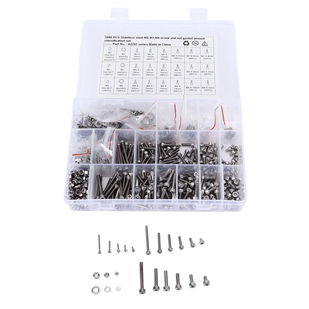 1080Pcs Set M2 M3 M4 Screw Nut Gasket Kit Stainless Steel Hex Socket Head Cap Fastener Assortment for Cars Trucks Ships