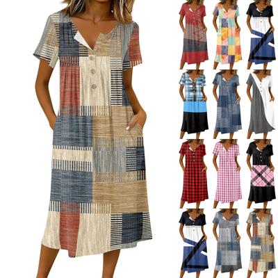 Women's Fashionable Retro Printed Round Neck Short Sleeved Button Neck Mid Length Casual Dress