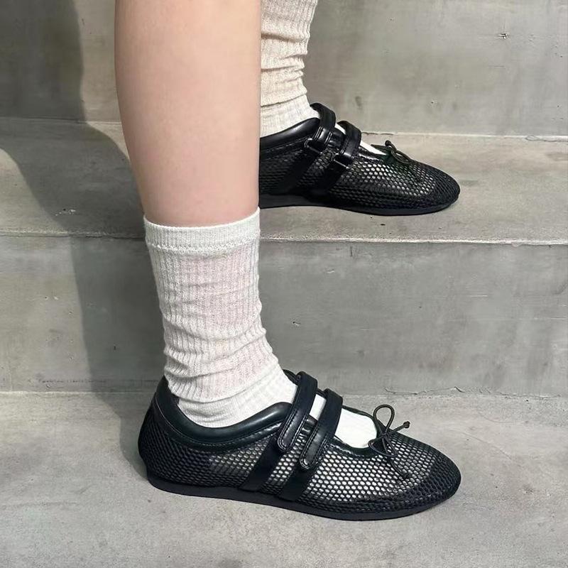 Cowhide Version~ Niche Mesh Breathable Flat Mary Jane Shoes Women's Velcro Casual Versatile Sports Shallow Mouth Single Shoes