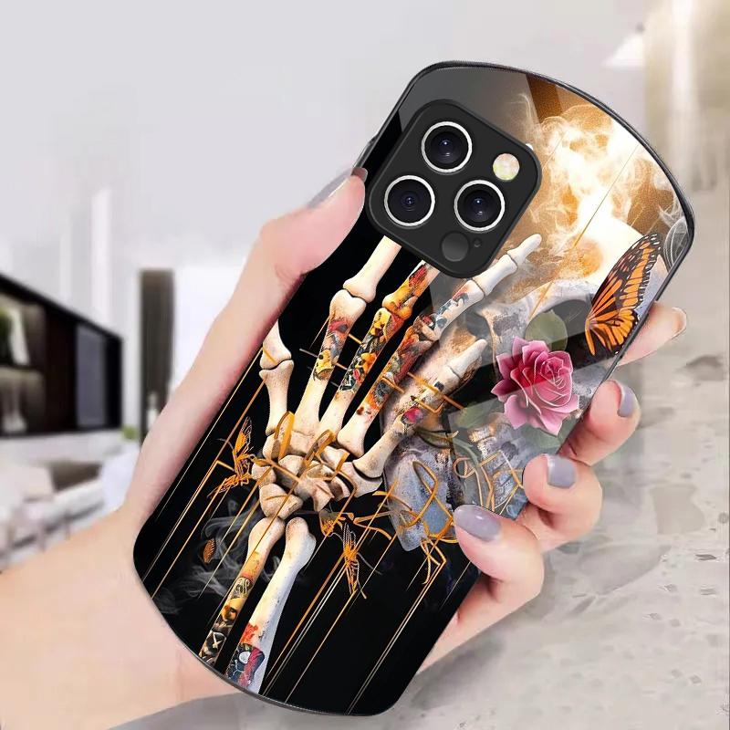 Skeleton Skull Flower For IPhone 16 Pro Max 11 12 Mini 13 14 P Lus 15 Plus 7 8 Se 2020 X Xs Elliptical Tempered Glass Phone Case
