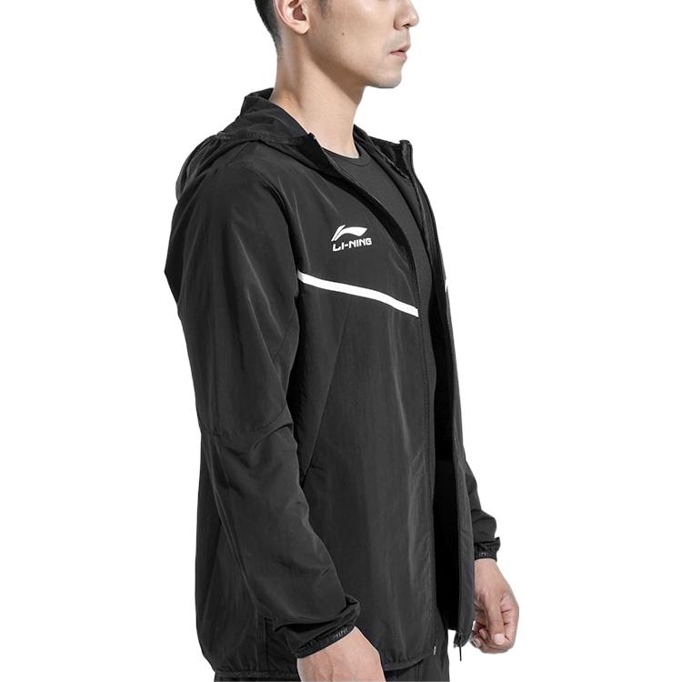 Li-Ning Solid Color Logo Print Zip-Up Hooded Jacket Men Jackets Black AFDR301-3