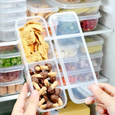 2 stuks Slanke Maaltijdvoorbereidingsdozen met Deksel Lange Transparante Snackcontainers met 2 of 3 Vakken Smalle Stapelbare Koelkastorganizer voor Keuken