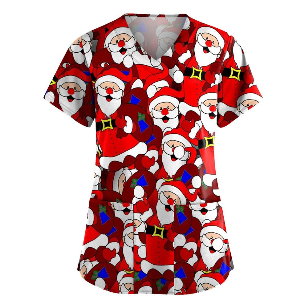 Chirurgische Uniformen Feiertage Weihnachten Drucke Stil Taschendesign Chirurgisches Kostüm Frau V-Ausschnitt Kurzarm Krankenschwester Medizinische Uniform