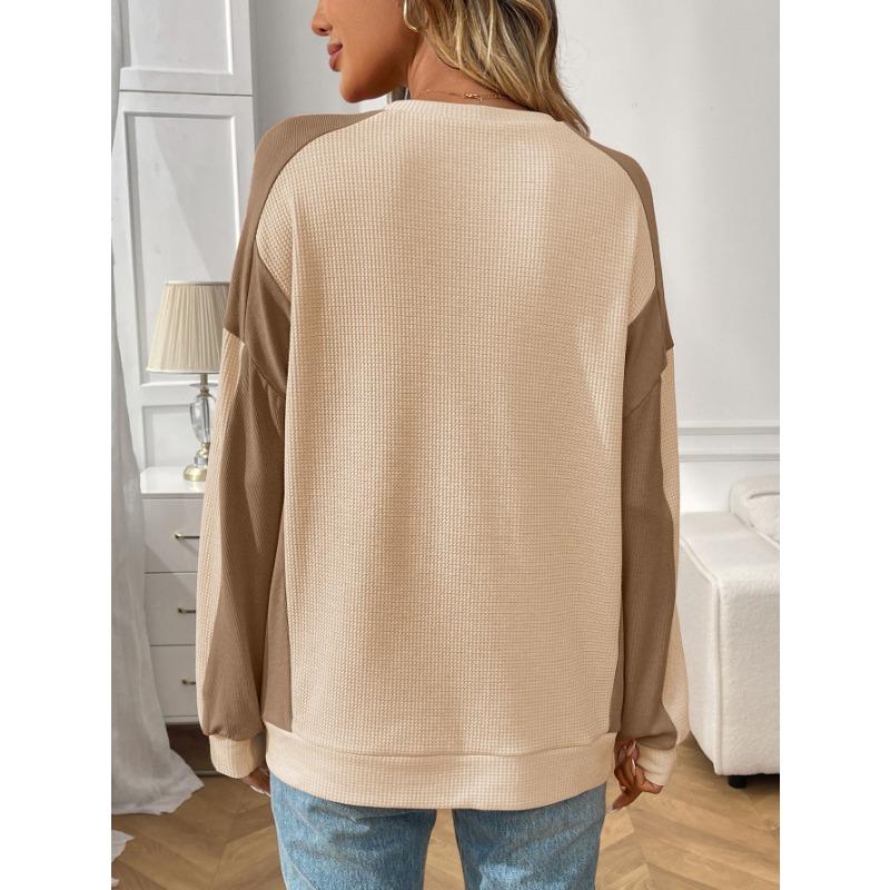 2025 Autumn New Round Neck Casual Loose Contrast Long-sleeved Waffle Top