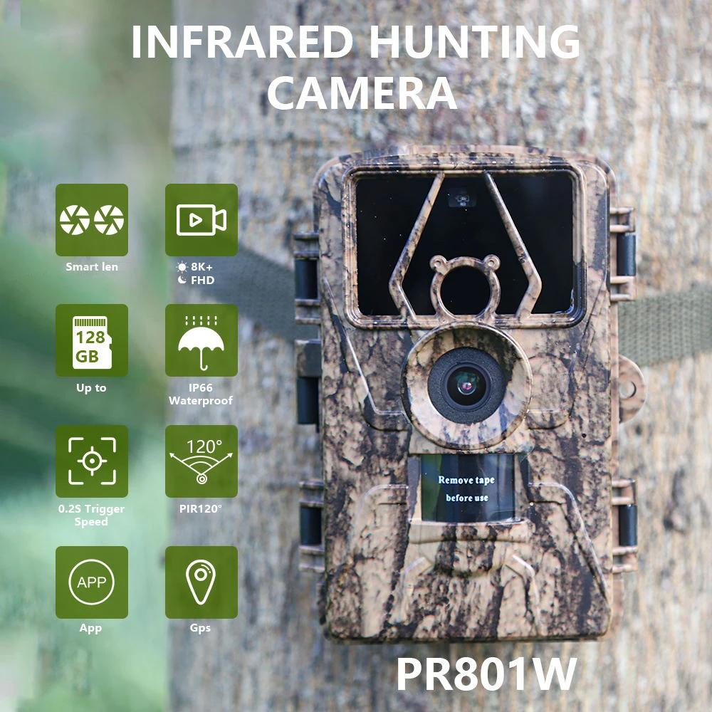 2025 8K WiFi Waterproof Trail Camera PR801W 60MP Supports APP Viewing for Outdoor Animal Hunting Night Vision and Farm Monitoring