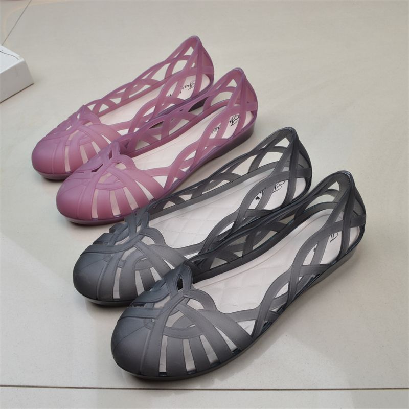 Summer Fashion Jelly Sandals Women's Flat Plastic Crystal Semi Transparent Hollow Hole Shoes