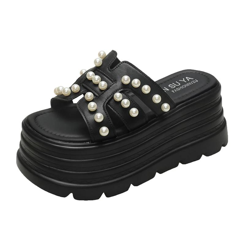 Mode 8CM Sommer Casual High Platform Sandalen Damen Mode Schwarz Hausschuhe Dicke Sohle Perle Sandalen Frau Klobige Strandschuhe Mujer