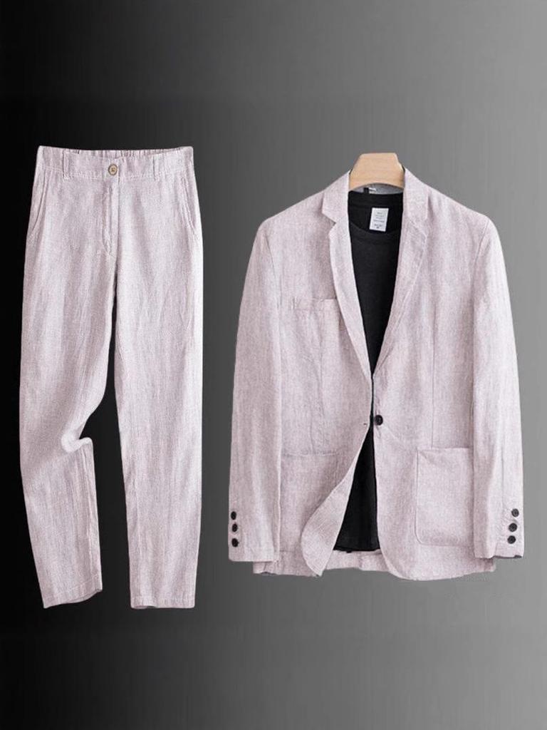 Herren Slim Fit Koreanischer Stil Leinen Sommer Anzug - Lässiges Zweiteiliges Set mit Lockerer Jacke und Sonnenschutz