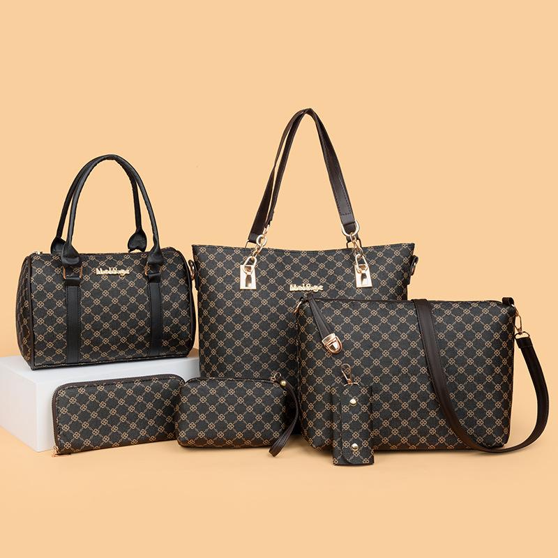 New Women's Large-capacity Mother and Child Bag Six-piece Fashion Printing Handbag Contrasting Color Plaid Shoulder Bag Messenger Bag