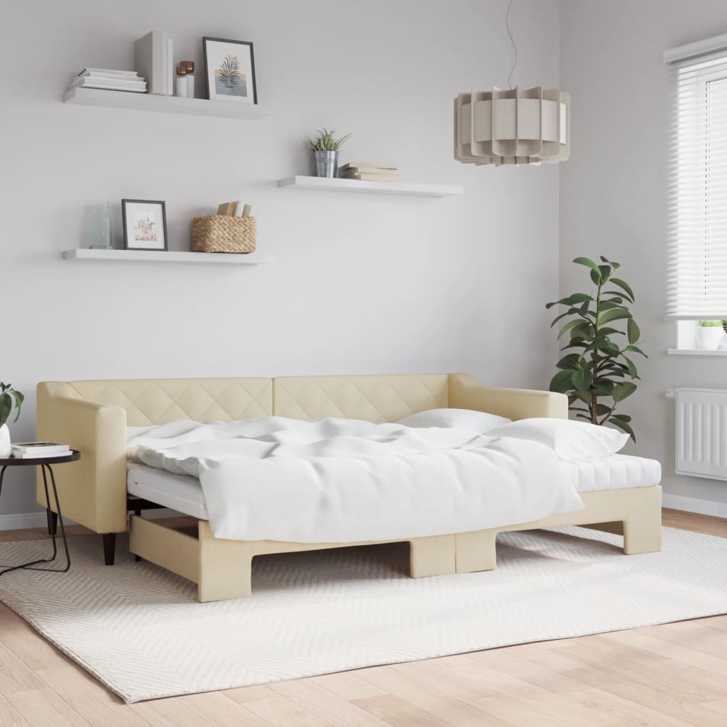 Vidaxl Sofa Rozsuwana Z Materacami, Kremowa, 80X200 Cm, Tkanina