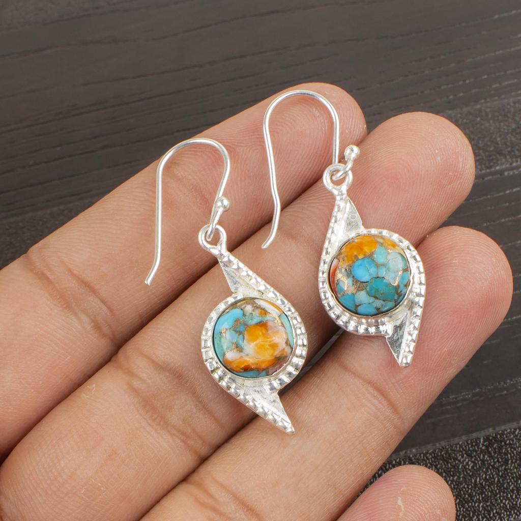 Natural Spiny Oyster Gemstone 925 Sterling Silver Handmade Statement Drop Earrings 1.80" Valentine Gift For Her EE-55-38