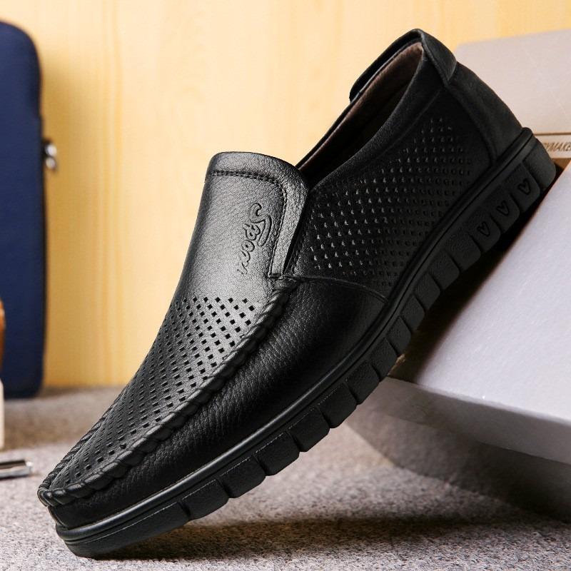 Large Size Men's Leather Shoes Men's Foot Cover Leather Hollow Breathable Casual Single Shoes Soft Sole Medium Old Dad Lazy Shoes