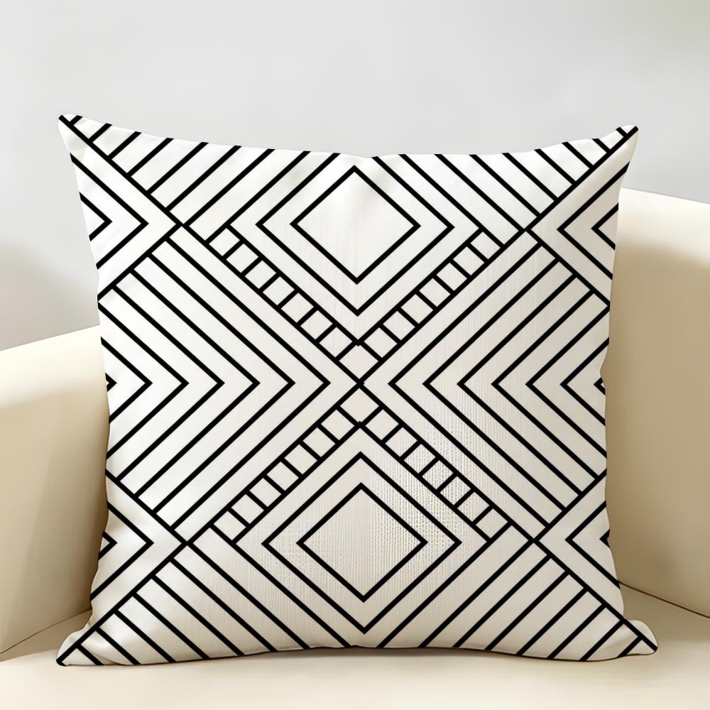 Black White Minimal Lines Cushion Cover Durable Hypoallergenic Organic Linen Short Pillow Cover Washable