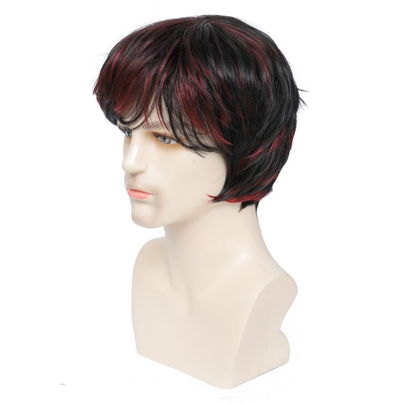 Kurze, lockige Kunsthaarperücke für Herren, geeignet für Cosplay, Kostüme und Halloween, natürliches Kastanienbraun, mit Pony, hitzebeständig