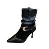 Rich autumn and winter new retro pointed fashion medium boots splicing belt buckle sleeve wrinkled stacking boots