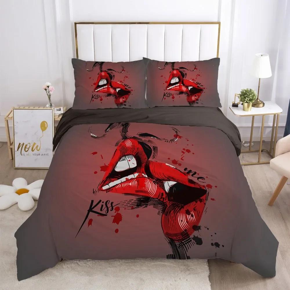 Red Lip King Queen Duvet Cover 3D Sexy Lips Raspberry Bedding Set For Girls Women Kiss Pink Soft 2/3Pcs Quilt Cover Pillowcase