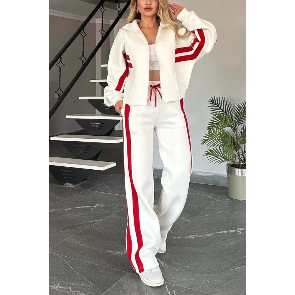 Autumn Striped Zipper Top Jacket Casual Sports Women Suit S белый