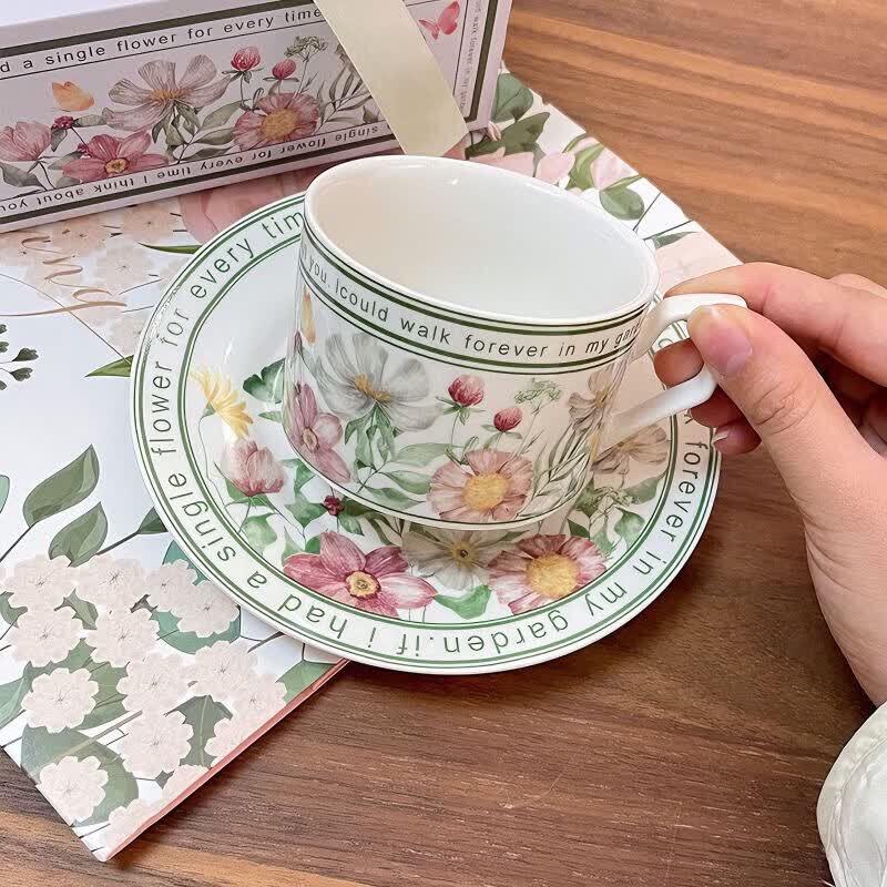 Jin Zhixing French Floral Ceramic Coffee Cup & Saucer Set