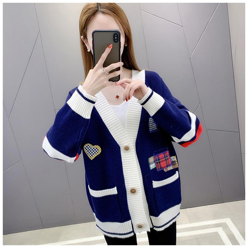 Embroidered Sweater Women's Coat Autumn and Winter Loose Knit Cardigan Long Sleeved Thick V - Neck Coat