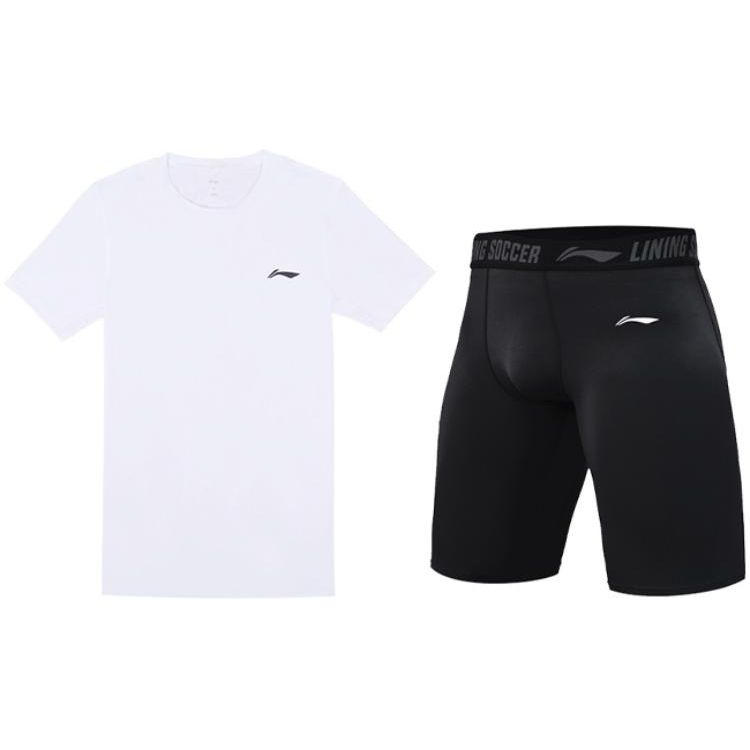 

Li Ning Plain Round Neck Pullover Short Sleeve T-Shirt And Mid Waist Straight Leg Shorts Fitness Suit Men activewear White Black YUDT059-2+YUST013-1 S