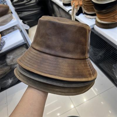 Ankra Red Washed PU Leather Old Feeling Bucket Hat Women Fashion Retro Sunscreen Sunshade Basin Hat